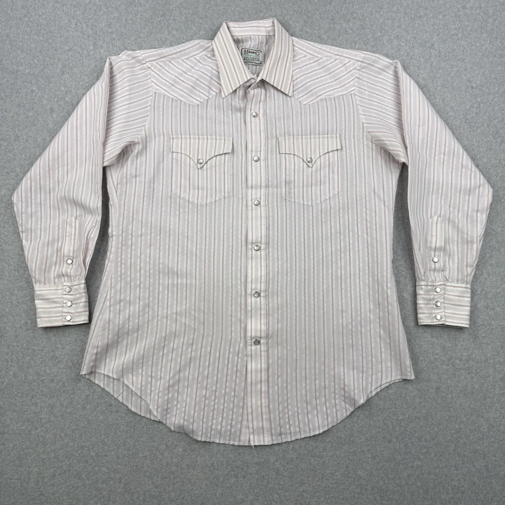 Vintage H‎ Bar C Shirt Mens 16.5 35 Pink Striped Pearl Snap Western Made In USA